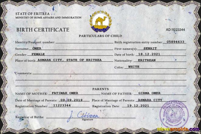 Eritrea vital record birth certificate
